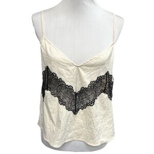 Zara Floral Silk Effect and Lace Spaghetti Strap Blouse Cami Cream Black Medium